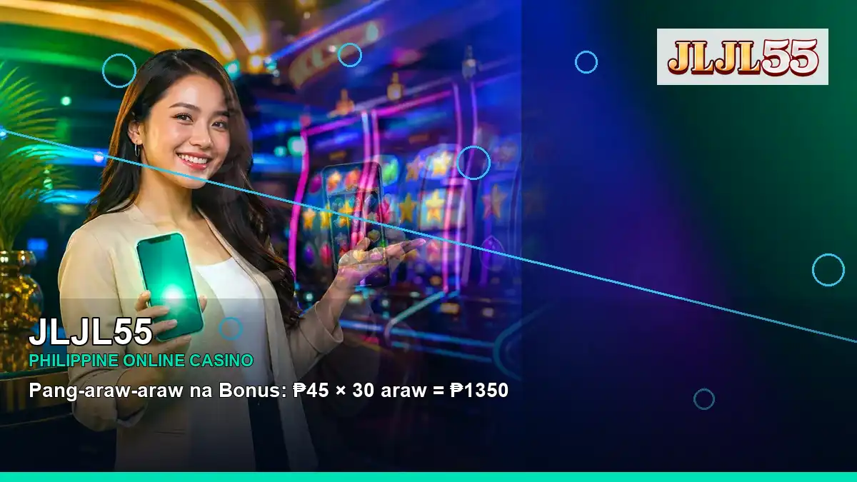 JLJL55 duo online slot games featuring an adult Filipina casino host with a left close-up composition