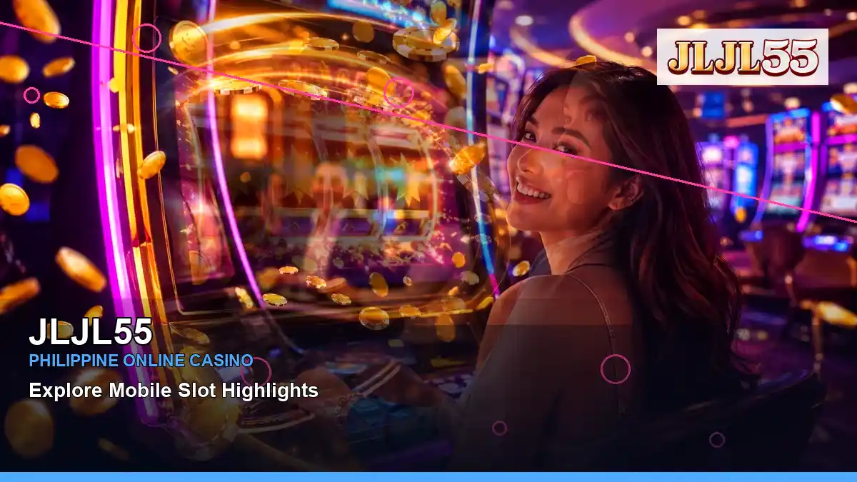 JLJL55 neon jackpot slot games featuring an adult Filipina casino host with a layered collage composition — view 2